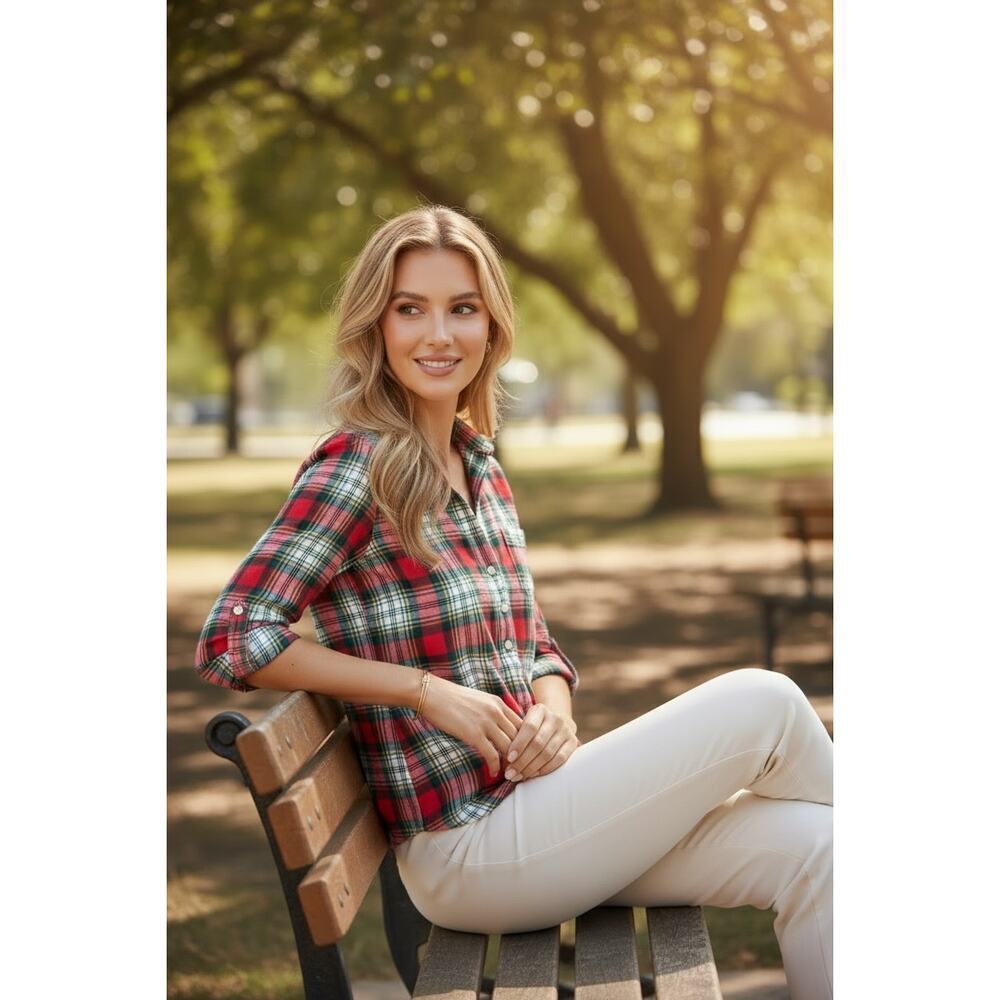 *J.CREW* Plaid Cottagecore Popover Flannel Shirt Tartan Pattern Women's XS - Picture 2 of 7